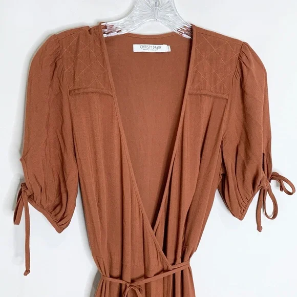 Christy Dawn The Augusta Midi Dress (Sz S) Short Puff Tie Sleeve Wrap Rust - Picture 5 of 16